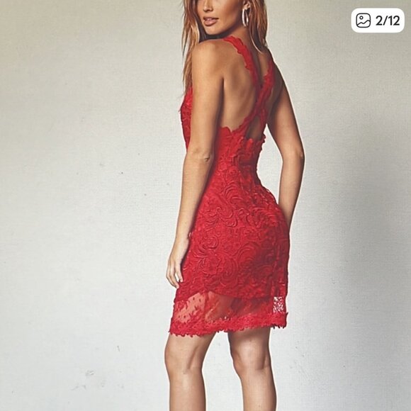 Venus Red Lace Mini Dress Women’s Size 6 Racerback Mesh Cutout Bodycon Party - Picture 1 of 12